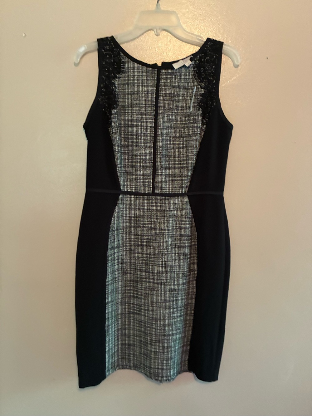 LOFT Black and Gray Tweed Paneled Midi Dress